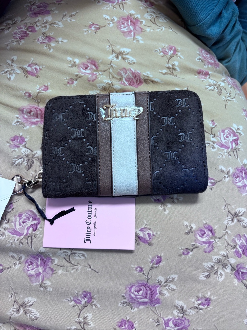 Juicy Couture Brown and White Stripe Suede Zip Wallet